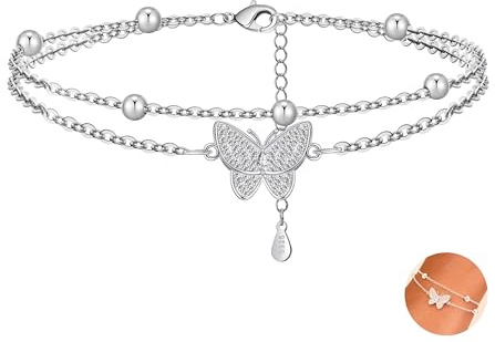RANKEEF Layered Silver Bracelet For Women Butterfly Beads Adjustable S925 Sterling Silver Bracelet For Women