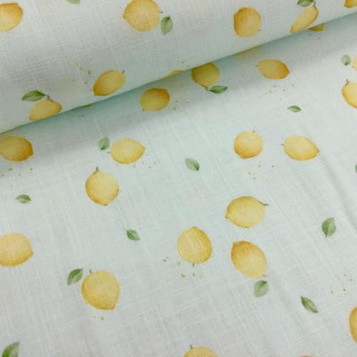 Musselin Stoff Double Slub – Zitronen Motiv – zartes mint - Ökotex zertifiziert – weiche Meterware ab 50 cm – Musselinstoff für Kinder, Baby, Kleidung, Nähen