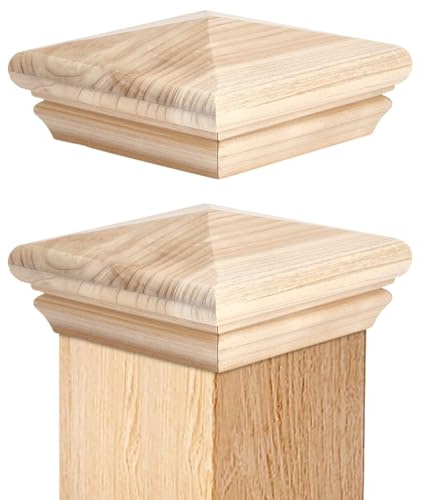 INFUNLY 2pcs Wood Newel Post Cap 5.3×5.3×2.36inch Fence Post Caps for Topper Classic Wooden Toppers Top Resistant Decking Caps Posts Cover for Outdoor Indoor Stair Fences Mailboxes Decks Protection