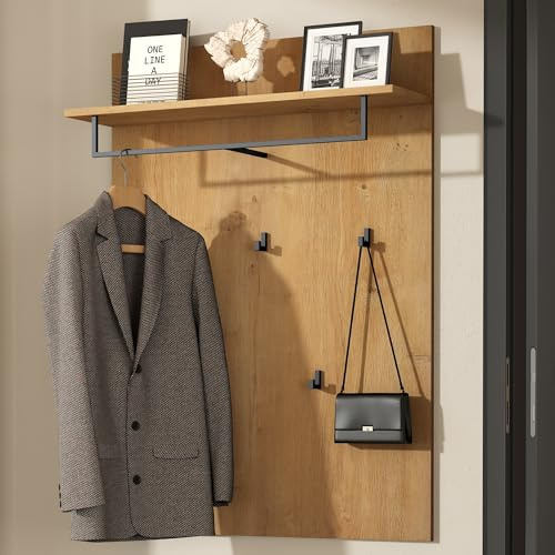 doporro Wandgarderobe mit Ablage 5 Haken Garderobenpaneel Flur | Schwebendes Garderobenpaneel für Garderobe, Flur und Eingangsbereich, 108 x 78 x 21,6 cm, Kerneiche, Gabo-01