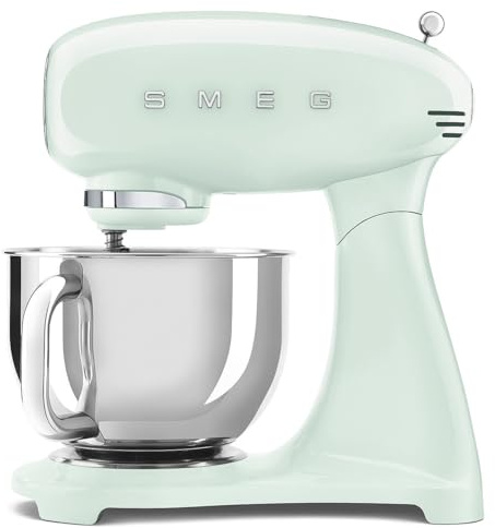 Smeg, Amasadora planetaria Full Color SMF0PGREU, 10 niveles de velocidad, función suave Start y Steady Mix, cuenco de 4,8 L, bloque motor, 3 látigos y gancho amasador, 800 W, verde pastel
