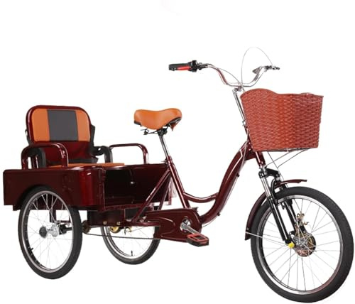 Trike 3-Rad-Lastenfahrrad, 20-Zoll-Dreirad for Erwachsene mit klappbarem Sitz, Passagier- und Gepäckträger, 200 kg Tragkraft, Rot
