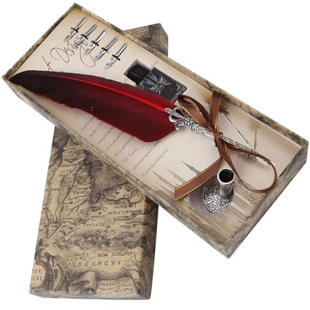 YUEHISY Calligraphy Dip Pen Set, Feather Quill Pen with 5 Nibs and Ink Pot for English Calligraphy, Antique Stationery Gift Box for Wedding Guest Book Signature, Medieval Writing (Red)
