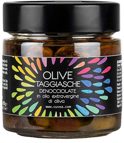 Olive taggiasche denocciolate della Liguria in olio extravergine di oliva Cuvea - 180 g - 100% Olive Taggiasche Liguri - Ricetta semplice senza conservanti né coloranti né correttori di acidità