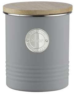 TYPHOON LIVING Kollektion, Zuckerdose Mit Deckel | Pastellgrau | 1 L Aufbewahrungsbox Küche für Zucker | Stahl Zuckerbehälter | Vorratsdosen Luftdicht Aus Bambus, Grau | Zuckerdose, pulverbeschichteter Karbonstahl, Bambusdeckel, Silikondichtung, luftdicht, nachhaltig, 12×12×14 cm