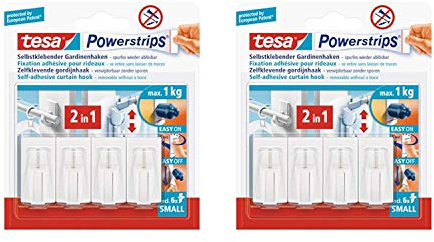 tesa Powerstrips Vario-Gardinenhaken / Selbstklebende Gardinenhaken ablösbar und mehrfach verwendbar (2er Pack Weiß)