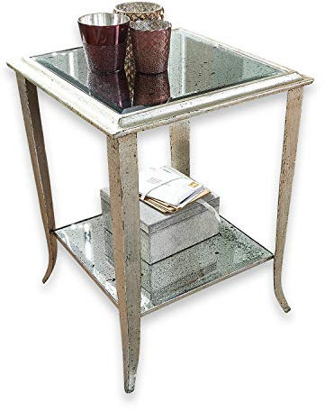 Loberon Beistelltisch Ergny, Antik Verspiegelt, Versprüht Shabby-Flair, Gestell mit Antik-Patina, Couchtisch, Sofatisch, Nachttisch, Eisen, Glas, Silber