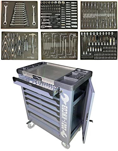 Kraftwelle Werkzeugwagen Werkstattwagen Modell 2021 mit Auszug kugelgelagert 7 Schubläden Ratsche Ringratsche Schraubendreher Zangen Werkzeugset Werkstatt