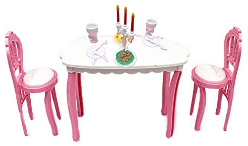 XHBTS Bianco/Rosa Tavolo da Pranzo Sedia Modello Set Casa delle Bambole Mobili in Miniatura con Tavolo 2 Pezzi Sedia e Candela Cake Topper Set per Festeggiare Feste, Festa di Compleanno Decorazioni