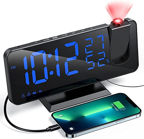 Aikove Sveglia da Comodino Digitale con Proiettore, Sveglia Multifunzionale con Fm Radio, 3 Livelli di Luminosità, Snooze e 15 Livelli di Volume, 12/24 Ore, per Camera da Letto, Casa, Ufficio