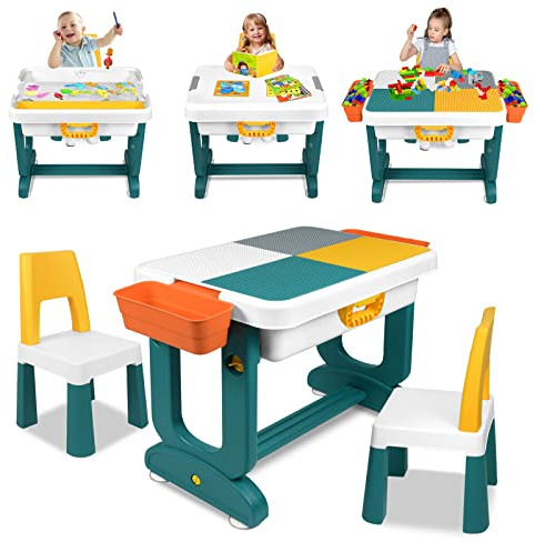 Aufun Barnbord set, höjdjusterbar 5-i-1 med stol, multifunktionellt bord med förvaring som byggbord, bordsset för aktiviteter för barn från 3 år