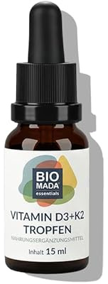 BIOMADA Vitamin D3 + K2 Tropfen 1000 IE 15 ml Hochdosiert Vegan Glutenfrei Laktosefrei