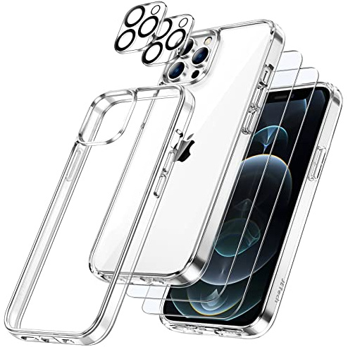JETech 5-in-1 Hülle für iPhone 12 Pro Max, Anti-Vergilbung, Durchsichtig | 2 Gehärtete Glas Schutzfolien, 2 Kameraschutz Folien, Stoßfest Handyhülle