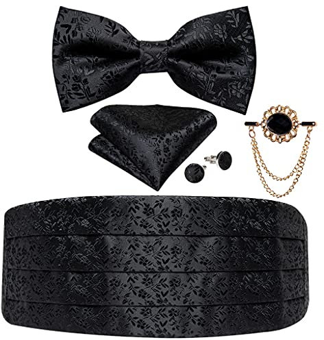 YANYUESHOP Schwarz Blumenseide Hochzeit Herren Kummerbund Fliege Brosche Set Smoking Formeller Breiter Gürtel Zeremonieller Elastischer Bund (Color : Black, Size : One Size)