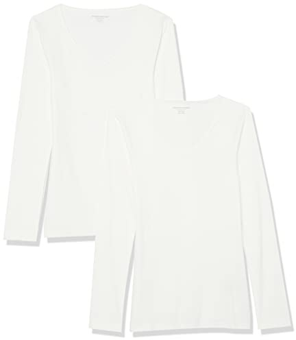 Amazon Essentials Damen Slim-Fit Layering-Langarm-Strick Ripp-V-Ausschnitt (erhältlich in Übergröße), 2er-Pack, Weiß, Größe M