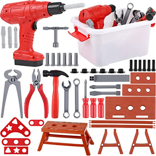 Comius Sharp Werkzeugkoffer Kinder Werkzeug, 42 Stück Set Spielwerkzeug Rollenspielwerkzeug, mit Werkzeugkasten Elektrische Bohrmaschine Spielzeug,ab 3 4 5 6 7 Jahre Jungen Mädchen