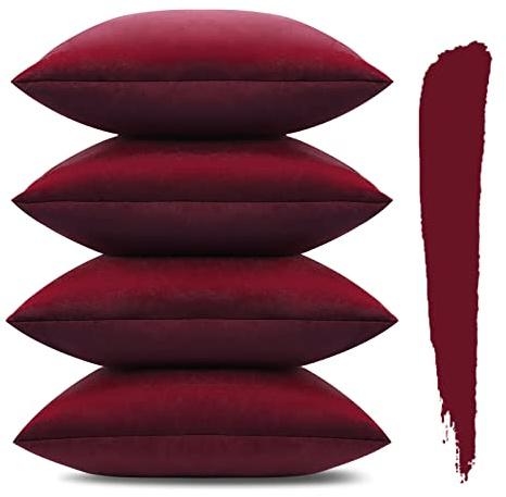 Sungeek 4er Set Samt Kissenbezüge 45x45 cm, Dekorativ Zierkissenbezüge Weich Kissenbezug Dekokissen Sofakissen Couchkissen Deko Bezug Kissenhülle für Sofa Schlafzimmer Wohnzimmer (Weinrot)