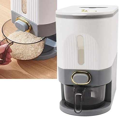Reisspender mit Messbecher, Lebensmittelbehälter mit Großem Fassungsvermögen und Deckel, Versiegelter, Integrierter Getreidebehälter, Feuchtigkeitsbeständiger Müslispender für den (Grau L 10L)