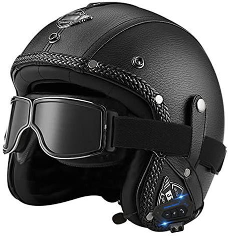 Vintage Cuir Bluetooth Casque De Moto Jet,Adulte Demi Casque ECE Homologué Vintage Casques Moto Bols pour Homme Et Femme avec Lunettes Face Ouverte Casque Mobylette 3,S:55-56CM