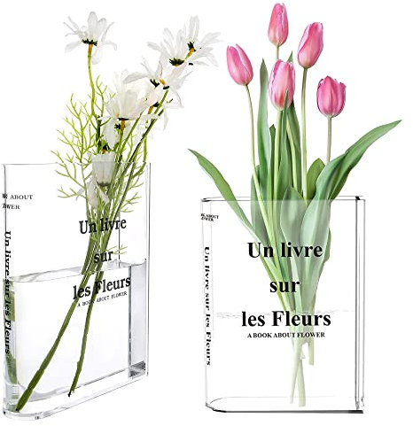 2 Stücke Buchvase für Blumen, Buchförmige Vase aus Acryl, Buchform, Transparent, Book Vase for Flowers, für Blumen Schlafzimmer Tischdeko Wohnzimmer Büro,Bücherform Blumenvase