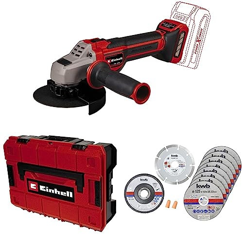 Einhell Professional Akku-Winkelschleifer TP-AG 18/125 CE Q Li Power X-Change (18V, Ø 125 mm, 33 mm Schnitttiefe, Brushless, Konstantelektronik, ohne Akku, inkl. 10-tlg. Trennscheiben-Set und Koffer)