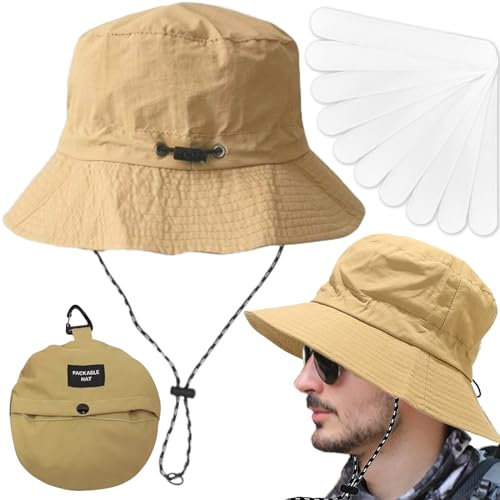 BDSHUNBF Sonnenhut Herren Damen, UV Schutz Safari Hut Sommer, mit Anti-Schmutz-Aufkleber, Bucket Hat Breiter Krempe, Faltbar Wanderhut Boonie Hat Onnenschutz Hut Buschhut Anglerhut Gartenhut(Khaki)