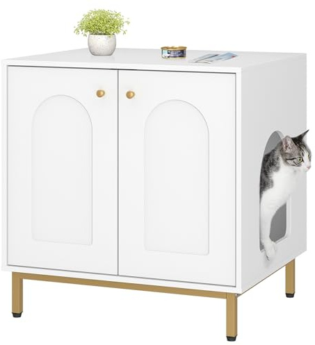 Hzuaneri Cat Litter Box Enclosure, Hidden Litter Box Furniture with Double Doors, Wooden Pet House Side End Table, Tall Legs, 60 x 50 x 61 cm, Living Room, Bedroom, White and Gold CB81203G