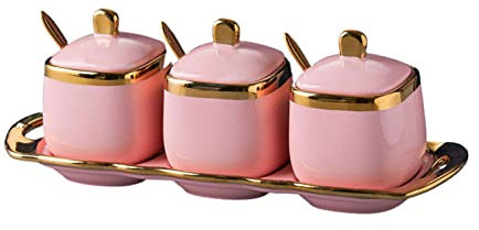Azucarero de ceramica,recipientes para especias, Phnom Penh Azucarero con tapa y cuchara, 3 juegos de azucarero, tarro de especias, salero, botes de cerámica coloridos for café, azúcar, color rojo, 3