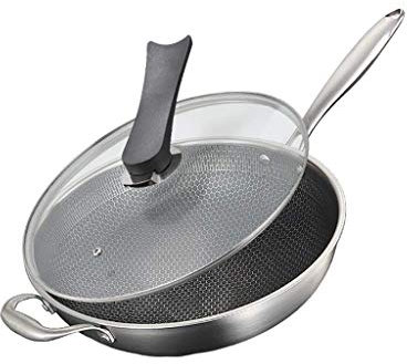 Wok para inducción Wok de Acero Inoxidable 304 Sartén Antiadherente multifunción Olla de Humos sin Recubrimiento Cocina de inducción Estufas de Gas Cacerola Redonda de 34 cm Wok