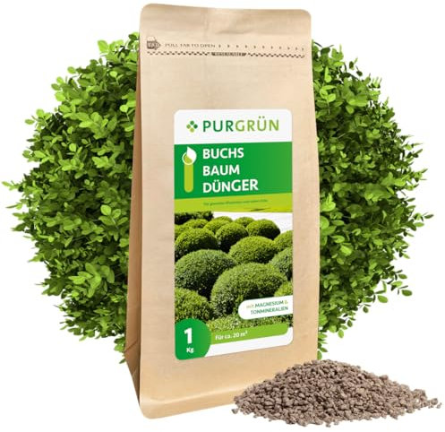 Purgrün® Buchsbaum-Dünger 1 kg – Organisch-mineralische Rezeptur – Feinkörniges Krümelgranulat – NPK 8+4+5 – Extra Magnesium für leuchtend grüne Blätter – Verbessert die Bodenqualität