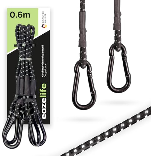2er Set Spanngummis mit Karabiner, 60 cm / 120 cm, reflektierend, robust, belastbar, sicher, Schwarze Expander mit Karabinerhaken für Sonnensegel, Outdoor, Fahrrad & Auto (60 cm)