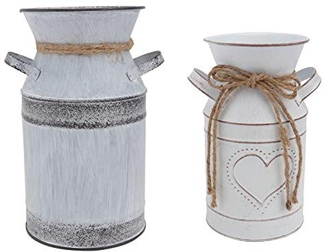 OUSIKA Florero, Floreros for Flores 2 Piezas Flor de Metal Rústico Shabby Chic Vintage Jarra de Granja Lata de Leche Galvanizada con Asas for Decoración de la Cocina del Hogar Blanco Jarras