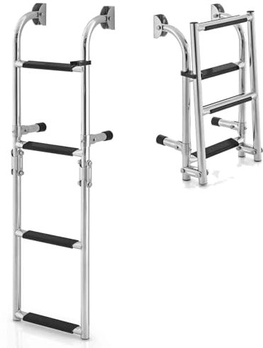 TANGZON Stainless Steel Ladder, Folding 4-Step PVC Non-Slip Floor Ladder with Plastic Clips, Functional Dock Ladder For Swimming Pool, Marine Boat, Pontoon, Yacht