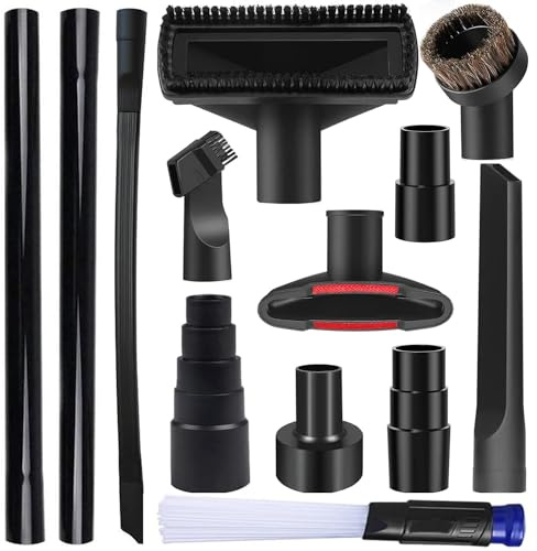 13PCS Universal Vacuum Attachment Kit Wet Dry Plastic Vacuum Hose Adapter 1-1/4 Vacuum Cleaners Accessories with Horse Hair Brush Extension Wand Flexible Crevice Tool Adapter for Shop Vac Accessories