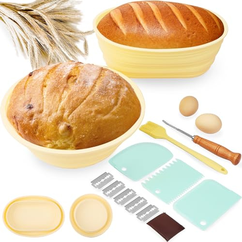 WALLFID Brotgärkörbchen Set,Zusammenklappbarer Sauerteigkörbchen aus Silikon,Runder und Ovaler Gärkorbn,Brot Backen Zubehör,Inklusive Silikonbürste,Holzrechenschneider,Kunststoffschaber