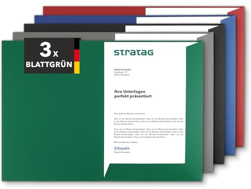 Präsentationsmappe A4 Blattgrün (3 Stück) - sehr stabiler 350 g/m² Naturkarton - Dokumentenmappe A4 direkt vom Hersteller STRATAG - Urkundenmappe für Angebote, Exposés, Projekte und Geschäftsberichte