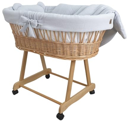 Stubenwagen Baby mit Rollen & Bremse – Moseskorb aus Naturweide inkl. Matratze & Hellgrau Bettwäsche aus 100% Baumwolle Oeko-Tex – sicher & mobil – Modell Amelia