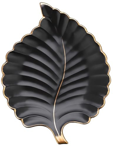 VanEnjoy Platos decorativos para caramelos, cuenco para llaves para mesa de entrada, cuenco de cerámica negra decorativo, cuenco decorativo para llaves, bandeja de plato de joyería de hojas
