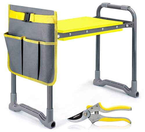 Jardineer Heavy Duty Garden Kneeler and Seat with Handles - 2-in-1 Foldable Gardening Stool for Seniors, Ergonomic Yellow Kneeling Bench & Pad, Bypass Pruner Included (330lbs Capacity)