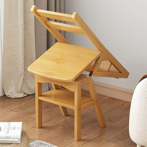 Wooden Folding Step Ladder Chair with 4 Tier Display Shelf MultiFunctional 3in1 Step Stool 265 Lbs Large Capacity (Style 1)