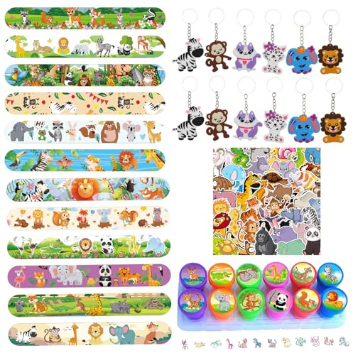 Eymobad 76Pcs Tiere Party Mitgebsel Kinder,Dschungel Geburtstag Gastgeschenke mit Tier Schnapparmband Schlüsselanhänger Stempel Aufkleber,Tiere Party Zubehör für Junge Mädchen Geburtstags Geschenke