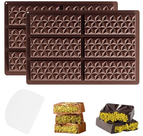 YXHZVON Silikonform Schokolade, 2 Stücke 6 Mulden Diamant Schokoladenformen mit 1 Stück D form-Weicher Schaber, Rechteckige Schokoladentafel Form für Kinderpartys & Backen
