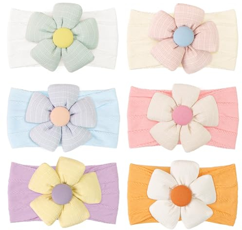 CÉLLOT 6 Pcs Baby Flower Headbands Nylon Hairbands Baby Girl Flower Bows Hair Accessories for Newborn Infant Toddler Essentials (Bright Color Series)