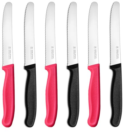 targzier Frühstücksmesser 6er Set,Edelstahl Tomatenmesser,Messer Set | Ergonomische Kunststoffgriff,Brötchenmesser mit Wellenschliff,Edelstahl Klinge Tafelmesser,Scharfe Messer,Schwarz und Rosa