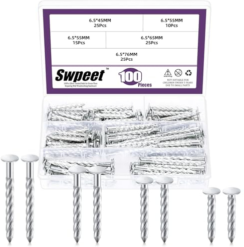 Swpeet 100 pezzi 4 misure 6,5 x 45/55/65/76 mm kit assortimento di chiodi a filo zincato, chiodi per pareti in calcestruzzo, chiodi in cemento in acciaio inossidabile 304 chiodi in cemento zincati
