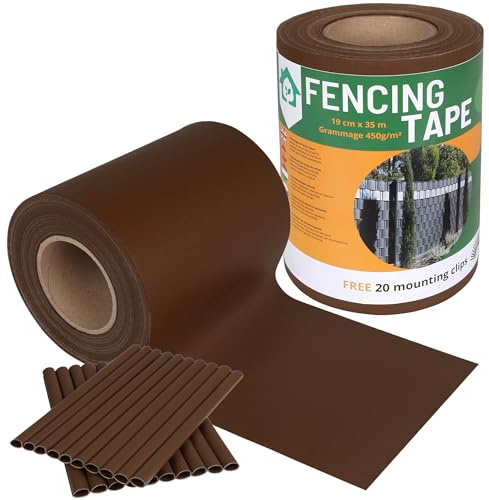 Bellushortus.eu Sichtschutzstreifen, Sichtschutz, Zaunfolie 35 m inkl. 20 Befestigungsclips 450g/m2, Windschutz, Doppelstabmatten für Gartenzaun (19 cm, Braun)