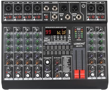 SHEHUALI Mesa de Mezclas de Audio, Consola de Mezclas Mono de 6 Canales, 99 Efectos Digitales, Bluetooth, USB, Mezclador de Sonido for PC con 48 V for Iglesia Am-GT6