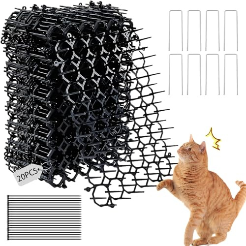 Katzenschreck für Gärten, 15 x 20 cm, Anti-Katzen-Spikes, Katzenschreck, Prickelstreifen, Grabstopper-Matten, 20 U-förmige Heringe + 20 Kabelbinder, Katzen-Spikes für Zaunoberflächen für Garten, Innen