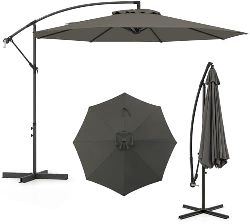 COSTWAY 3M Cantilever Garden Parasol, 8 Ribs Outdoor Offset Banana Hanging Umbrella with Crank Handle, Cross Base and Tilted Design, Water-proof Canopy Sunshade Shelter (Grey, 295 x 238 cm)