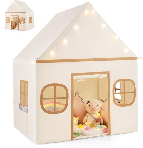 HOMASIS Tienda de Campaña Infantil con Luces de Estrellas y Alfombra Acolchada, Tipi para Niños con 4 Ventanas y Cortina 3+ Años (Beige + Marrón)